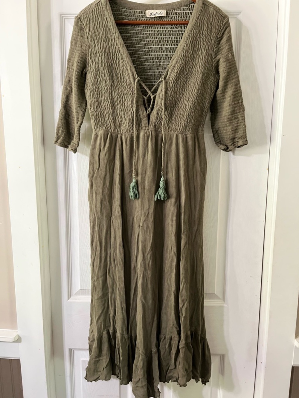 Olive Maxi Dress with Smocked Bodice and Tassel Tie